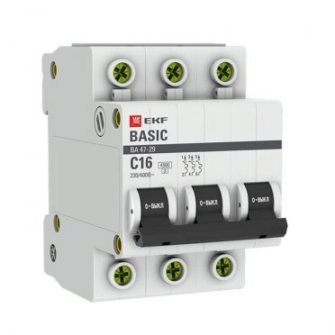 Автомат EKF ВА 47-29 (mcb4729-3-16C) 3P 16 А тип C 4,5 кА 400 В на DIN-рейку