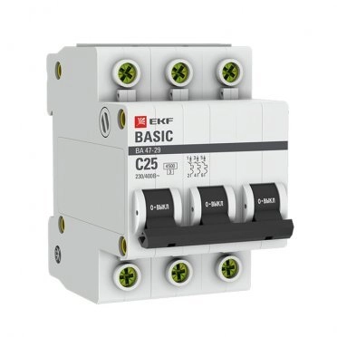 Автомат EKF ВА 47-29 (mcb4729-3-25C) 3P 25 А тип C 4,5 кА 400 В на DIN-рейку